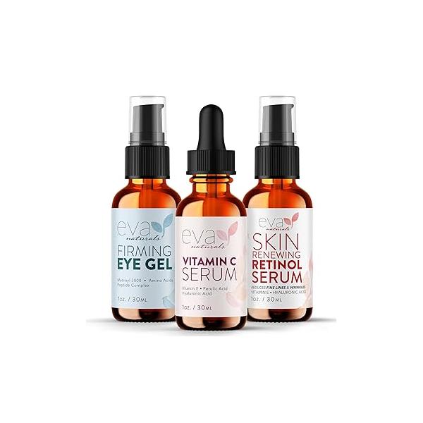 Eva Naturals Facelift in a Bottle - 3-in-1 Anti-Aging Set with Retinol Serum, Vitamin C Serum and Eye Gel Formulated to Reduce Wrinkles, Fade Dark Spots Treat Under-Eye Bags Premium Quality