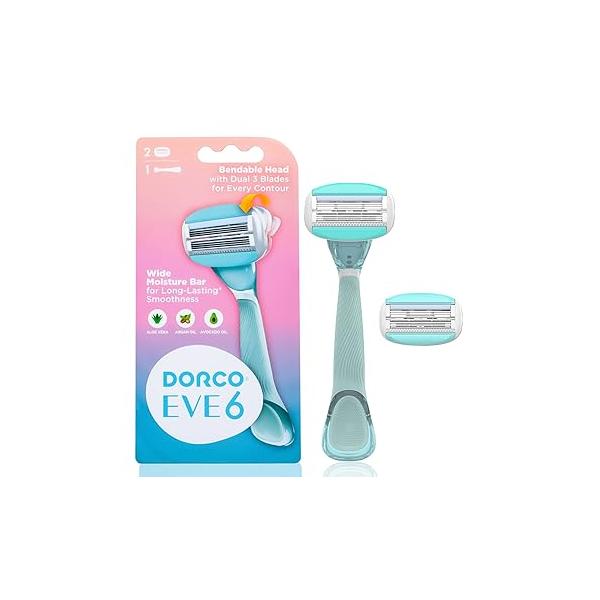 Dorco EVE6 Razors for Extra Smooth Shaving | 1 Razor Handle & 2 Blade Refills 6 Curved Blades with Flexible Aloe Vera Moisture Bar Interchangeable Cartridges Sensitive Skin