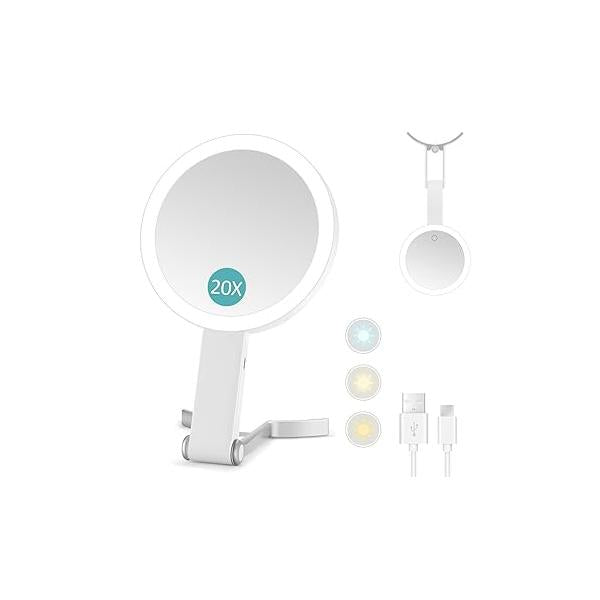 MIYADIVA 20X Magnifying Mirror with Light, Travel Mirror, 1X/20X Vanity Adjustable Handle Makeup Touch Switch Light up for Plucking Eyebrows
