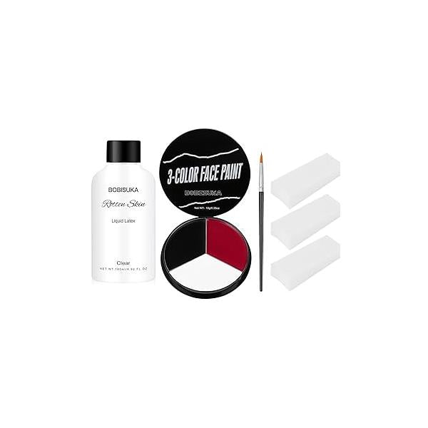 Clear Liquid Latex + White Red Face Paint 3PC Sponge Brush Set for Halloween Costume, Zombie Makeup, SFX Special Effect Make Up