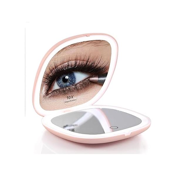 Portable LED Makeup Mirror - Compact Travel with Light, 10X Magnification, Adjustable Brightness, Rechargeable, for Her, Accessories Women, Ideal Purse