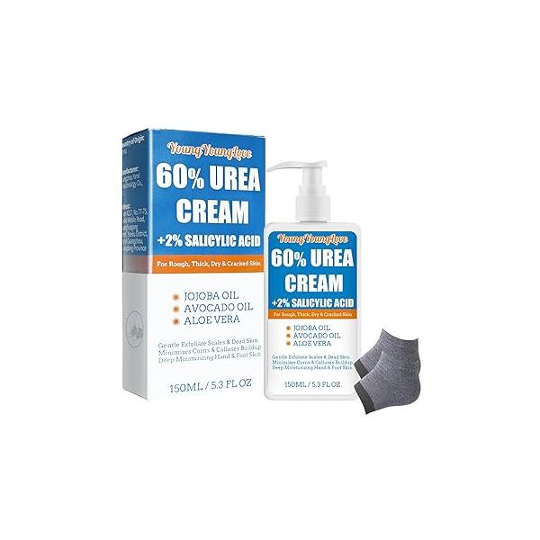 Urea Cream 60% - Foot with Moisturizing Heel Socks for Dry Cracked Hands Heels, 60 Percent Feet Maximum Strength 2% Salicylic Acid, Jojoba Oil, Aloe Vera, 5.31oz (Blue, 5.3oz)