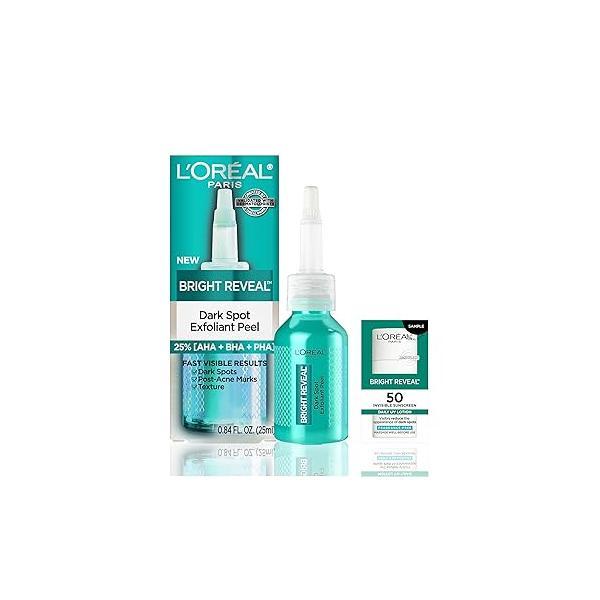 L'Oreal Paris Bright Reveal Dark Spot Exfoliant Peel, 25% AHA BHA PHA Face Exfoliator Solution, Gentle Skincare to Visibly Reduce Spots and Renew Skin Texture, Includes SPF Lotion Sample