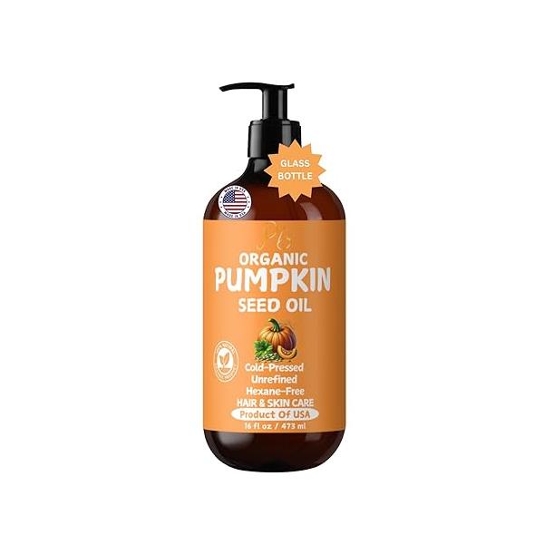 Organic Pumpkin Seed Oil, Cold-Pressed, 100% Pure Oil for Hair Growth, Dry Skin, Anti-Aging Face Dry, Damaged - Glass Bottle 16 fl oz