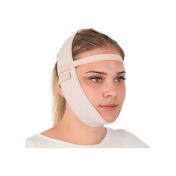 Post Surgery Facial Compression Garment Chin Strap Band, Double Face Wrap Tape, Jawline Exerciser, Slimmer, Jowl Tightening, Lifting Belt (Beige)