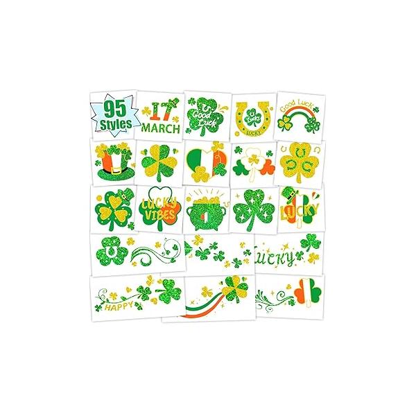 Partywind Glitter Temporary Tattoos for St Patrick's Day, 95 Styles Shamrock Face Stickers Kids Adults, Saint Day Accessories Green Party Supplies Makeup Decorations