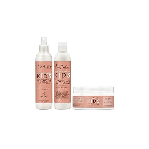 SheaMoisture Kids Extra Moisturizing Detangler, 2-In-1 Curl & Shine Coconut Hibiscus Shampoo Conditioner, and Curling Butter Cream for Curly Hair 3 Count