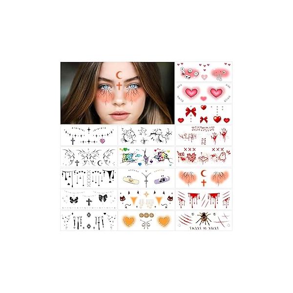 Gothic Cosplay Face Temporary Tattoos for Girls, 18 Sheets Butterfly Bowknot Pearl Bleeding Hearts Realistic Scar Spider Tattoo Stickers Kids Women Makeup Party Decoration Supplies