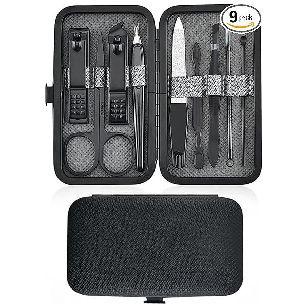 Professional Manicure Pedicure Set, 9 in 1 Stainless Steel Nail Clipper Set Personal Care Tools with Portable Packaging Case, Premium Gift for Men Women (Grey)