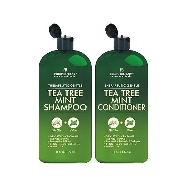 First Botany Tea Tree Mint Shampoo & Conditioner for Men Women - Pure Peppermint Oil Fights Hair Loss, Dandruff, Lice Itchy Scalp, Promotes Growth Sulfate Free 16 Fl Oz x 2