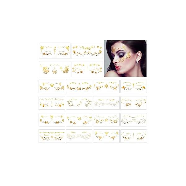 Konsait 20 Sheets Face Tattoos, Gold Star Butterfly Flowers Fake Metallic Temporary Tattoos for Women Girls, Parties Makeup Festival Accessories