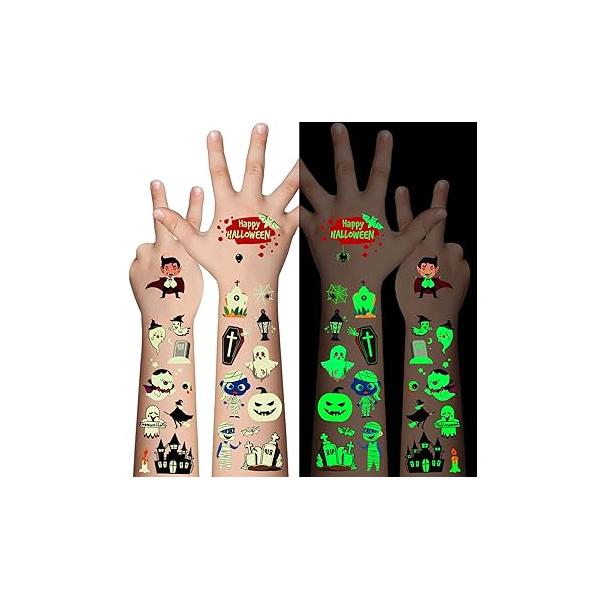 Day of the Dead Luminous Temporary Tattoos for Kids - 100 Pieces Glow In The Dark Stickers Boys and Girls,Sugar,Skeletons,Gemstones,Red Roses Face Makeup Set,Holiday Party Gifts