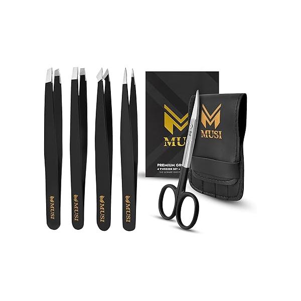 Eyebrow Tweezers Set with Cuticle Scissors - 4+1 Stainless Steel for Women Men Facial Hair - Sharp Tweezer Shaping Eyebrows Precision Grooming Tool Plucking Coarse and Ingrown Hairs