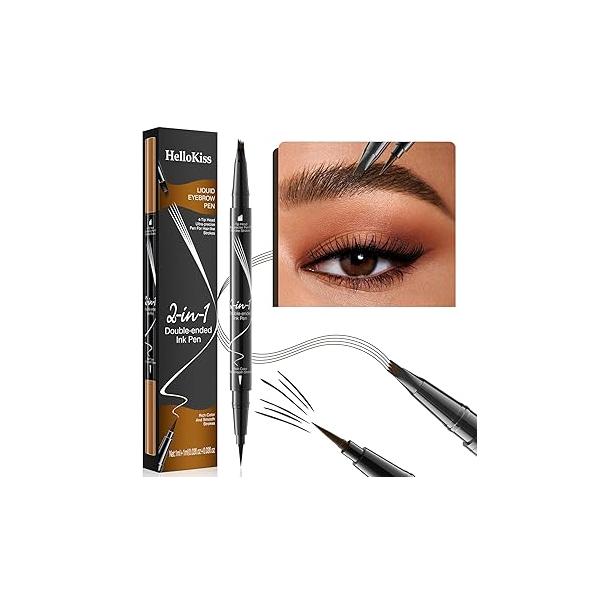 Microblading Eyebrow Pencil, Waterproof Pen, 2-in-1 Dual-Ended Pencil for Women with 4-Fork-Tip & Precise Brush-Tip, Natural Makeup Fine Stroke, Last All-Day (Black)
