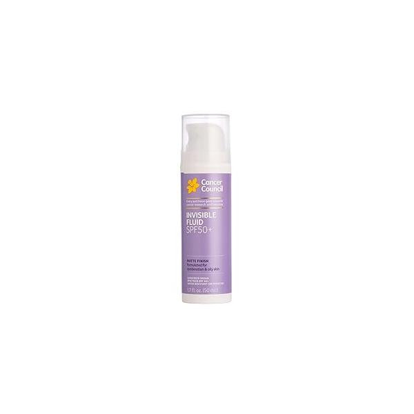 Cancer Council Invisible Fluid Face Sunscreen, SPF50+, Moisturizer Sun Care with Jojoba Oil, Vitamin E, Broad Spectrum UVA/UVB Protection, Oily Sensitive Skin, Paraben & Fragrance Free, 50ml