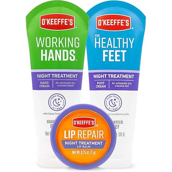 O'Keeffe's Night Treatment Combo Pack Including Working Hands Hand Cream, Healthy Feet Foot Cream and Lip Repair Balm; Gift Idea