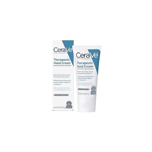 CeraVe Therapeutic Hand Cream for Dry Cracked Hands With Hyaluronic Acid and Niacinamide, Fragrance Free 3 Ounce