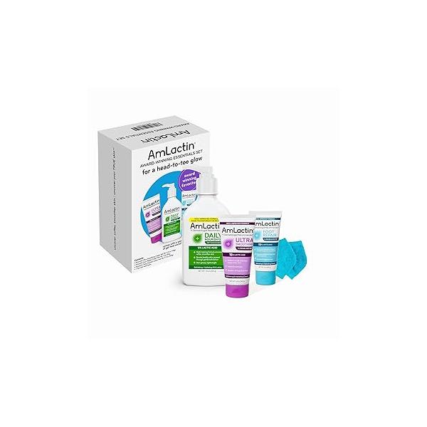 AmLactin Award-Winning Essentials Skin Care Set - Daily Nourish 12% Lotion, Ultra Smoothing Cream, Foot Repair Cream & Moisturizing Socks Lactic Acid Moisturizer Gift for Whole-Body Renewal
