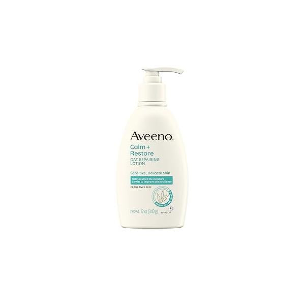 Aveeno Calm + Restore Oat Repairing Body Lotion for Sensitive Skin, Daily Moisturizer with Prebiotic Oat, Aloe & Pro-Vitamin B5 Helps Skin's Moisture Barrier, Fragrance Free, 12 oz