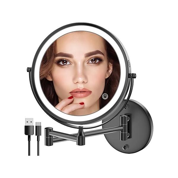 Rocollos Rechargeable Wall Mounted Lighted Makeup Mirror Chrome, 8 Inch Double-Sided LED Vanity 1X/10X Magnification,3 Color Lights Touch Screen Dimmable 360°Swivel 13 Extendable