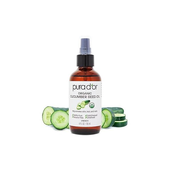 PURA D'OR 4 Oz Organic Cucumber Seed Oil100% Pure USDA Certified Premium Grade All Natural Moisturizer, Cold Pressed, Unrefined, Hexane-Free Base Carrier Oil for DIY Skin Care For Men & Women