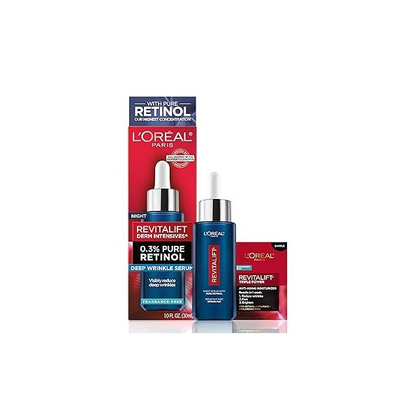 L'Oreal Paris Revitalift 0.3% Pure Retinol Night Serum, Reduce Deep Wrinkles, Fragrance Free 1 oz + Moisturizer Sample