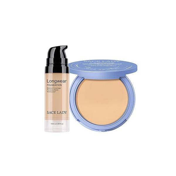 SACE LADY 2Pcs Face Make Up Set, Flawless Matte Foundation and Oil Control Pressed Powder, Lasting Coverage Waterproof Natural Cosmetics Kit