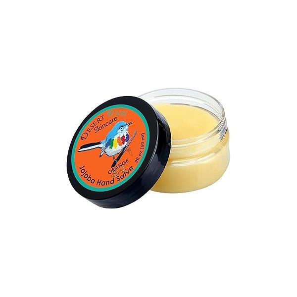 Orange Jojoba Oil Hand Salve. Over 50% Pure Organic Oil. Moisturizes Hair, skin, face, hands, feet naturally. Softening formula with Beeswax and AvocadoOil.(2 oz/60gm)
