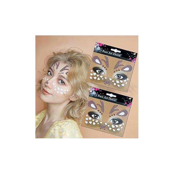 Christmas Cute Elk Animal Face Sticker Cartoon Red Gems Art Stickers Kid Eye Decoration for Makeup Sparkling Party 2Pcs (Elk)