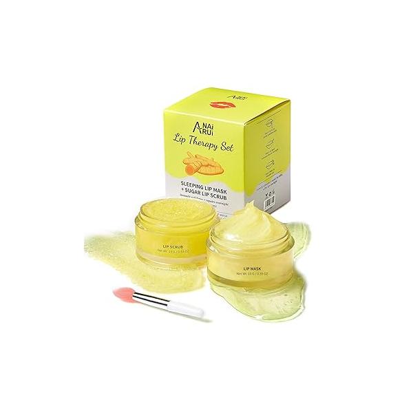 ANAI RUI Lip Care Kit - Sugar Scrub Set, Sleeping Mask & Exfoliator Overnight Skin Treatment Moisturizer for Dry Chapped Cracked Peel Lips (Turmeric+Honey)