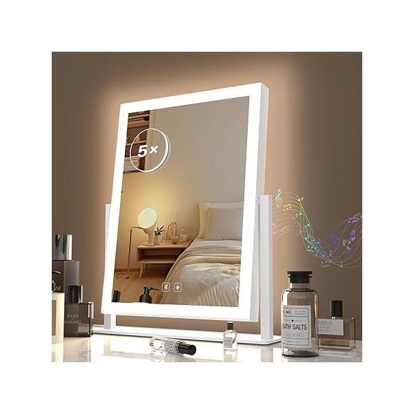 Lighted Makeup Mirror with Bluetooth, Hollywood Vanity Lights, Three Color Lighting Modes, 5X Magnification Mirror, Smart Touch Control, 360°Rotation (15.2in,White,)