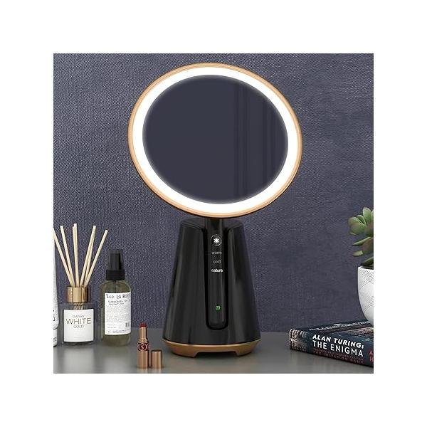 Lighted Vanity Mirror - Circle with 10X Magnification, 180 Rotation, 3 Color Lighting Modes, Portable for Bathroom, Black