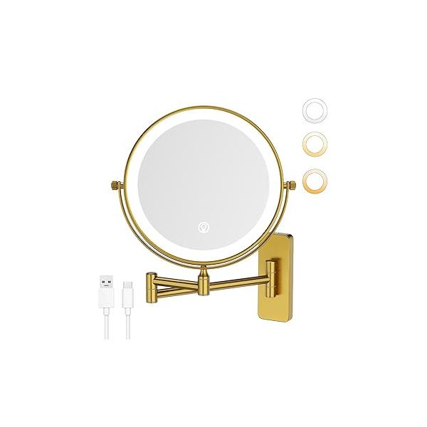 GURUN 8" Rechargeable Wall Mounted Makeup Mirror- 10X Magnifying Mirror with Light | 3 Color LED Lighting & Touch Control 360° Rotation Extended Arm Dual-Sided Bathroom M1406DGJ(8",10X)