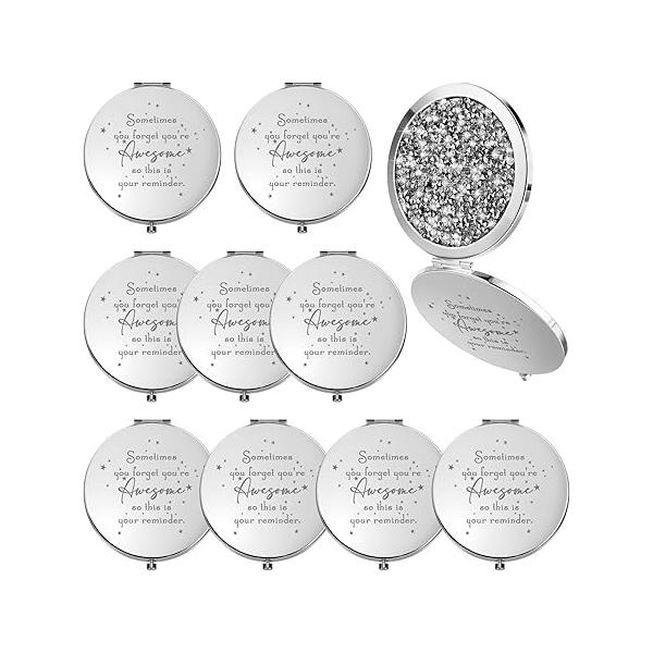 Roowest 10 Pcs Inspirational Compact Mirror Sometimes You Forget You're Awesome Appreciation Gifts for Women Employee Coworker Friends Birthday Party Favors Magnifying Pocket (Rose Gold)