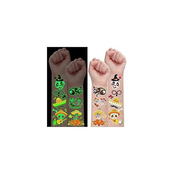 Partywind 100 Styles Luminous Day of the Dead Tattoos for Kids, Glow Halloween Decorations Party Supplies Favors, Costume Makeup