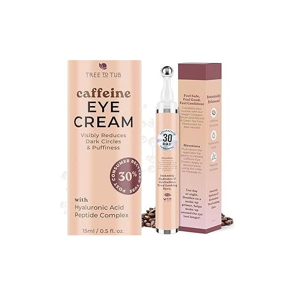Tree to Tub Caffeine Eye Cream - Hydrating & Firming Under for Dark Circles, Roller Puffy Eyes, Reduces the Look of Puffiness and Bags, Coffee w/Hyaluronic Acid, Peptides