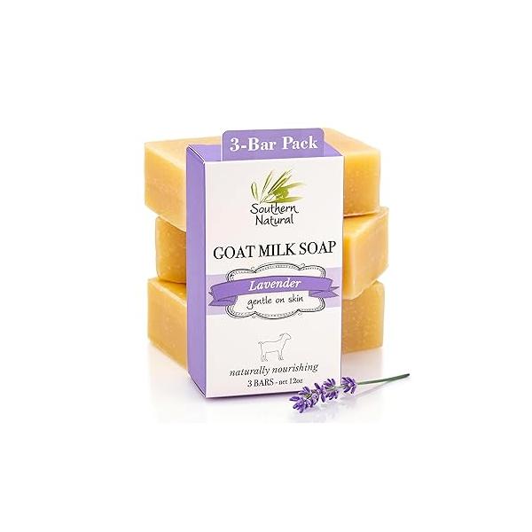 Southern Natural Goat Milk Soap Bar (Lavender 3 Pack) For Dry Sensitive Skin. Natural, Handmade Men, Women, Kids & Baby. Use On Face Body