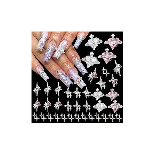 RODAKY 1000PCS Flower Nail Charms Silver Butterfly Art Jewelry Pink 3D for Nails Metal Butterflies Gems Resin Decoration Manicure DIY, Pink&White
