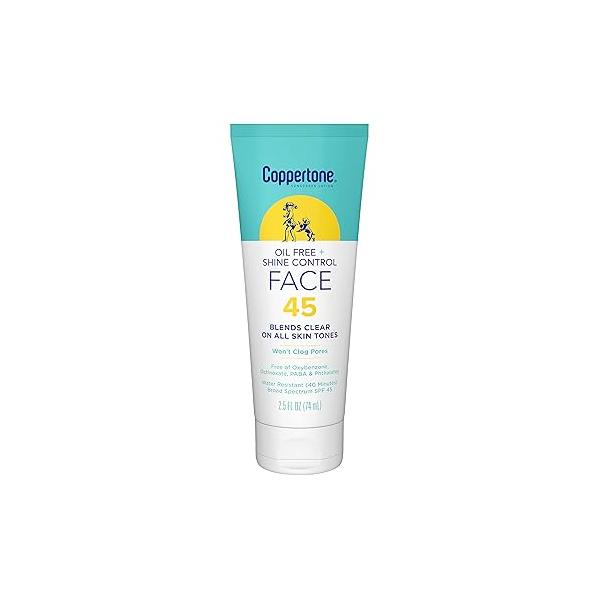 Coppertone Oil Free + Shine Control Sunscreen Face Lotion SPF 45, Lightweight for All Skin Tones, Won't Clog Pores, Fragrance Free, 2.5 Fl Oz Tube