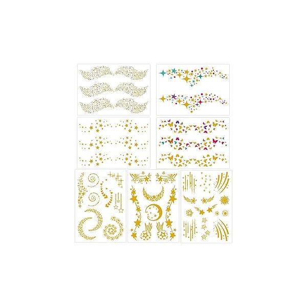 Konsait 7sheets Face Tattoo Sticker Metallic Temporary Transfer Waterproof Jewel s for Women Girls Make Up Dancer Costume Parties, Shimmer Glitter Designs Gold Tattoos