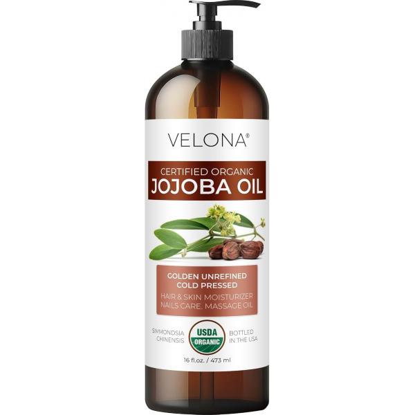 velona Jojoba Oil USDA Certified Organic - 16 fl oz (With Pump) | 100% Pure and Natural Golden, Unrefined, Cold Pressed, Hexane Free Moisturizing Face, Hair, Body, Skin Care