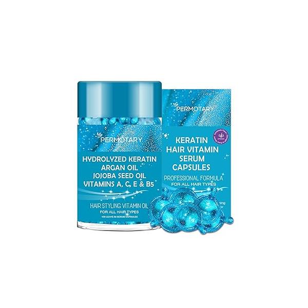 Permotary 100PCS Hair Vitamin Serum Capsule, Styling for Frizzy and Damaged Hair, Blue Treatment Oil Capsules with Moroccan, Macadamia, Avocado Oils, Vitamins A, C, E, B5