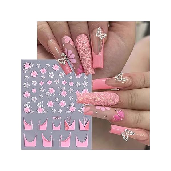 Flower Nail Stickers,3 Sheet Decals,White Petal Art Stickers for Art, Series Self-Adhesive Decals Women