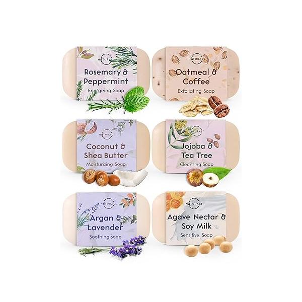 O NATURALS 100% Natural Bar Soap - Gift Set for Women Organic Ingredients & Essential Oils Spa Gifts Men, Body Wash 6PC Collection