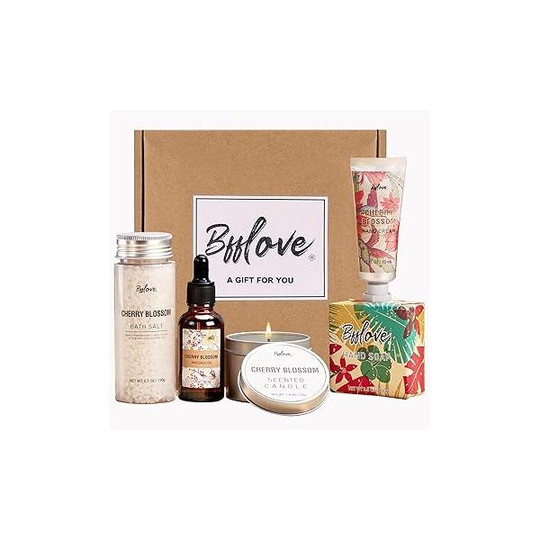 Gifts for Women BFFLOVE Gift Set 5pcs Cherry Blossom Spa Set, Birthday Her with Massage Oil, Scented Candle, Bath Salts, Hand Cream