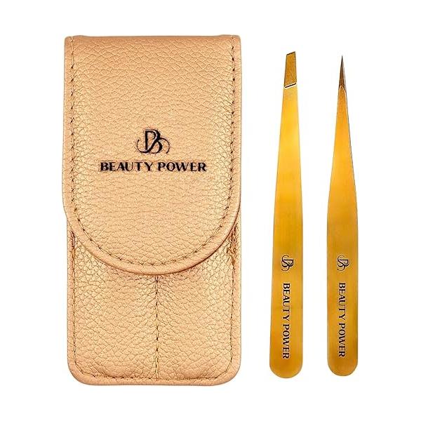 Precision Tweezers for Women Facial Hair & Men - Professional Set with Slant Point Tips, German Stainless Steel, PU Leather Travel Case, Lightweight Ultra Black