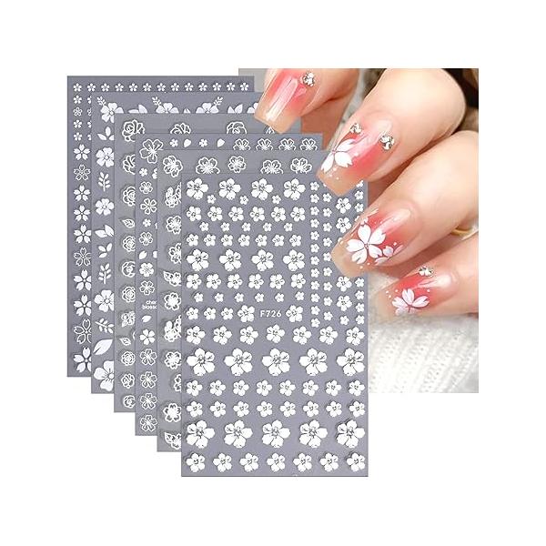 Flower Nail Art Stickers 3D White Decals Spring Summer Cherry Blossom Design Self Adhesive Supplies for Women Manicure Decoration 6 Sheets