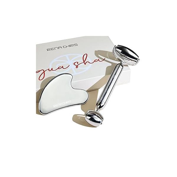 Rena Chris Gua Sha and Face Roller Set: Anti-Breakage Jade for Long-Lasting Use, Jawline Sculpting Puffiness Reducing, Facial Tools Self Care Gift (Green)