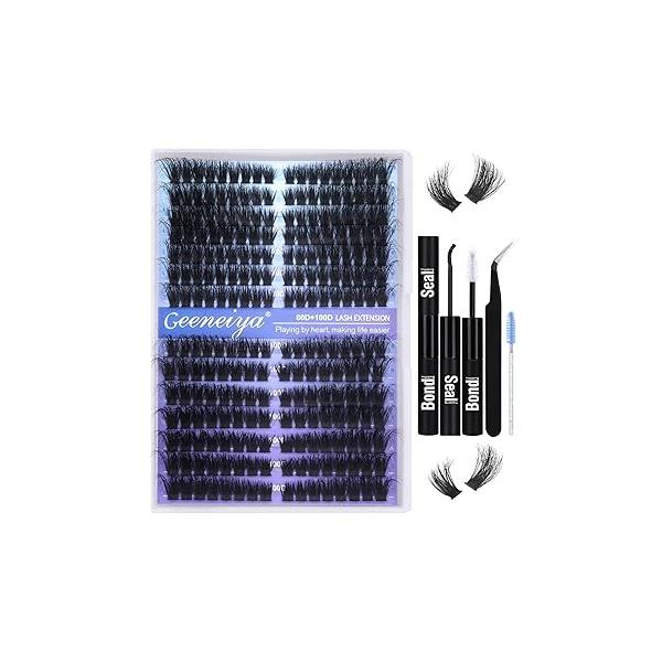Pre-made Cat Eye Lash Extension Kit Clusters 9-16mm Wispy Cluster Eyelash 80D+100D Individual Eyelashes with Bond and Seal, Tweezers by Geeneiya