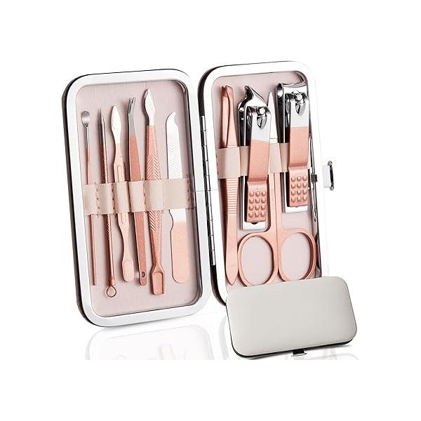 Manicure Kit Nail Care Set 10 in 1 Stainless Steel Clippers Gifts for Men Women, Travel Grooming Tools with Portable Leather Case Pink